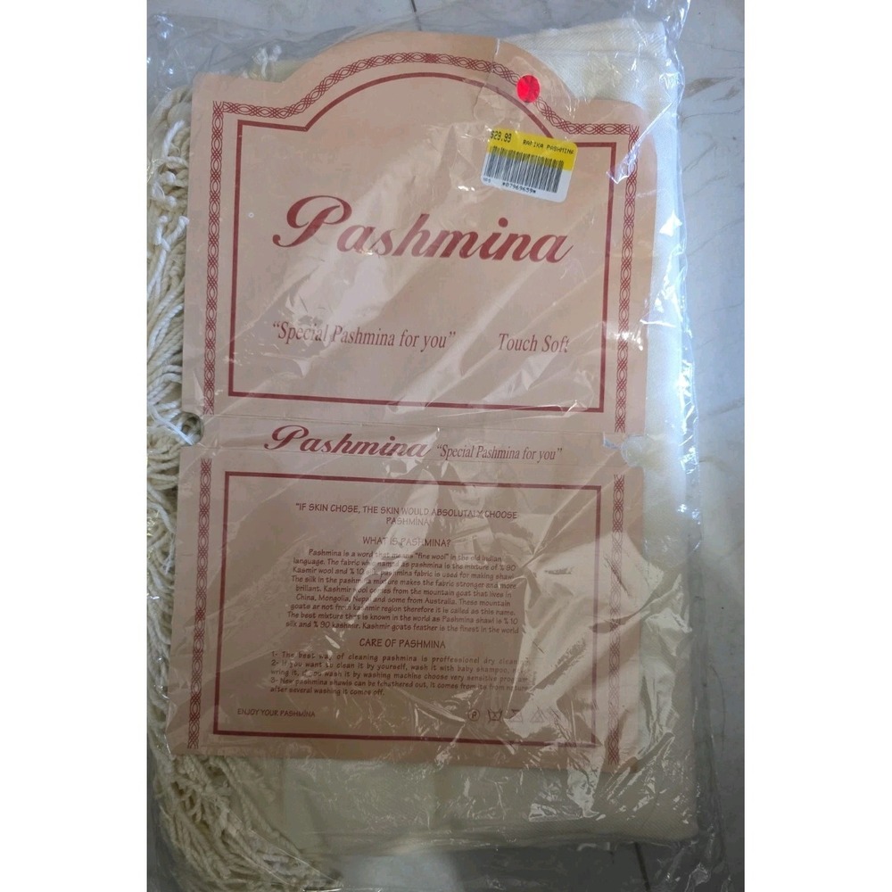 Cream Pashmina Style Shawl Wrap Fringe Soft Cashmere Silk Blend Made in Turkey - Picture 7 of 12
